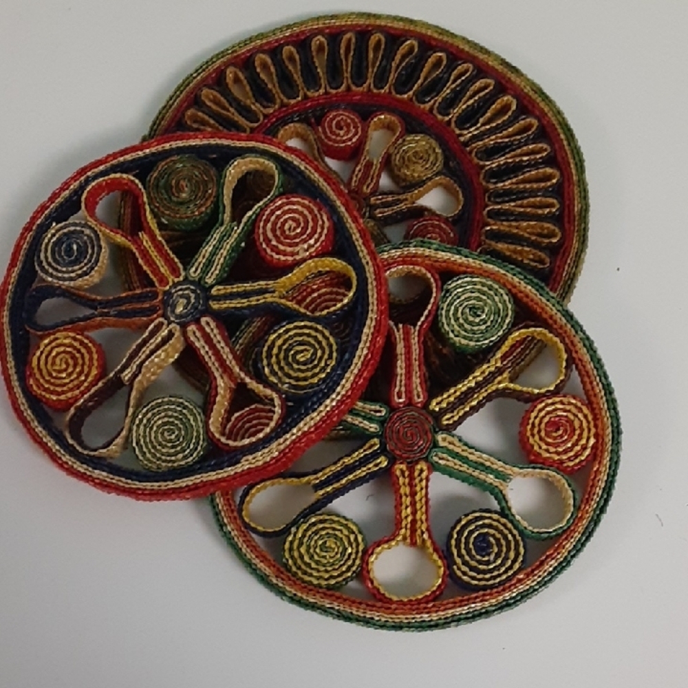 Vintage Raffia Trivets, Multicolor Round Trivets– Set of 3, Boho Floral